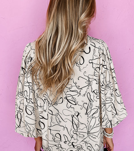 Beige Abstract Print Balloon Sleeve Crew Neck Blouse