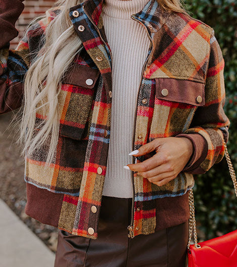 Brown Checkered Print Chest Pockets Button Zipper Stand Neck Jacket