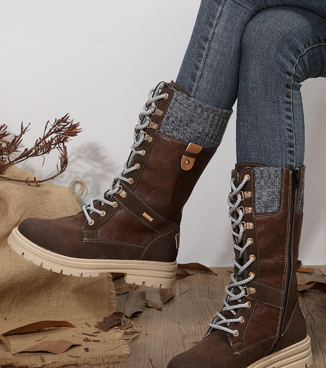 Coffee Wool Knit Patchwork Lace Up Leather Boots