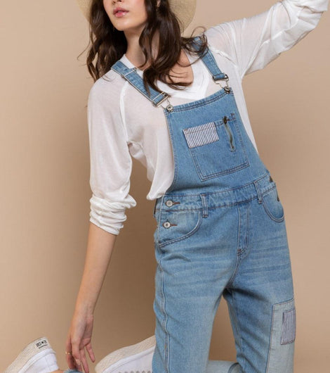 POL Front Chest Zipper Slim Leg Denim Overalls