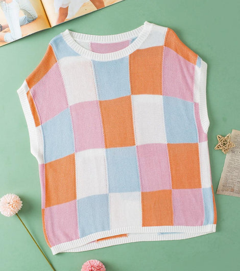 Color Block Round Neck Cap Sleeve Knit Top