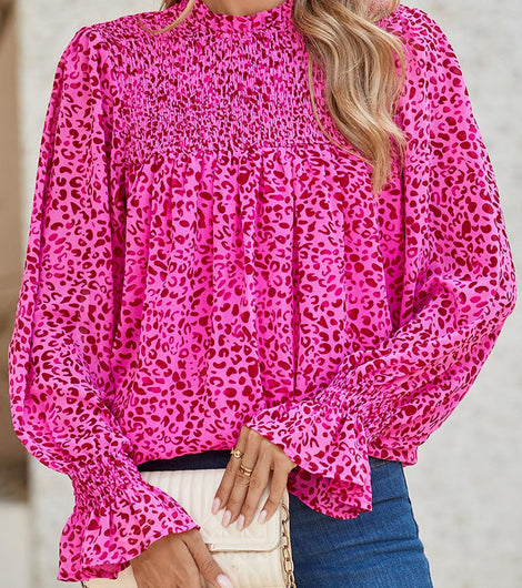 Rose Leopard Shirred Puff Sleeve Flowy Blouse