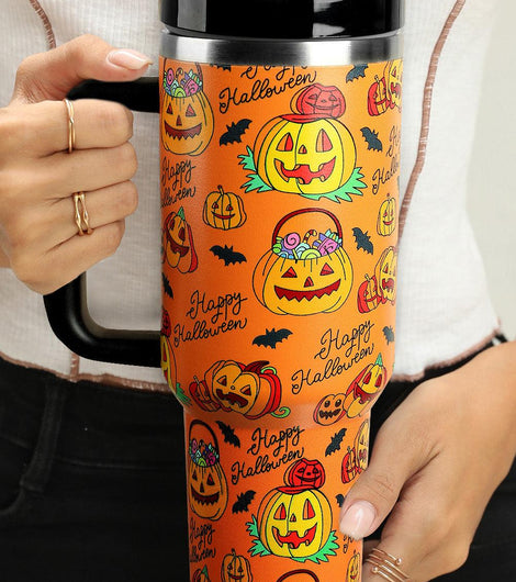 Orange 40oz Halloween Pumpkin Print Handle Tumbler Cup