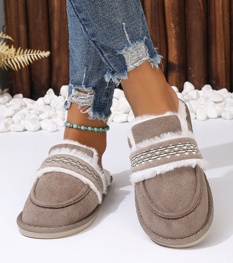 Gray Suede Wavy Striped Plush Lined Home Slippers