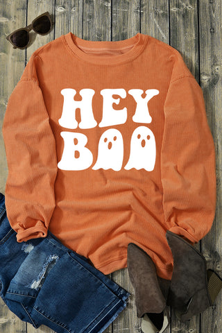 Orange Halloween Hey Boo Ghost Print Ribbed Loose Sweatshirt