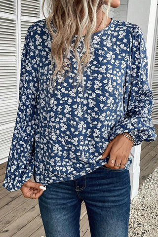 Blue Ditsy Floral Print Lantern Sleeve Blouse