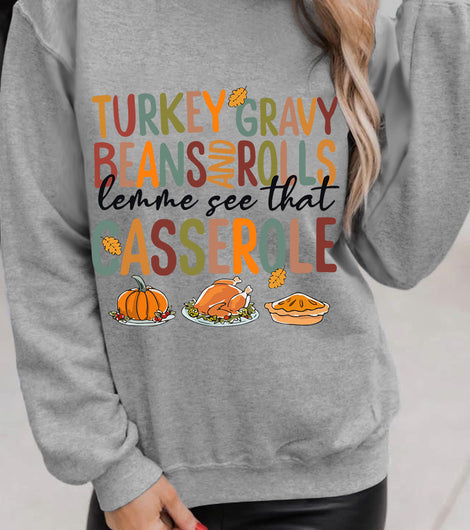 Gray Thanksgiving Slogan Pumpkin Turkey Pie Graphic Sweatshirt