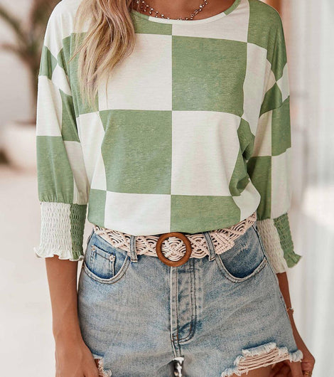 Grass Green Checkered Ruffle Smocked Cuffs Tee - Rebel Chics