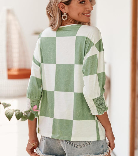 Grass Green Checkered Ruffle Smocked Cuffs Tee - Rebel Chics