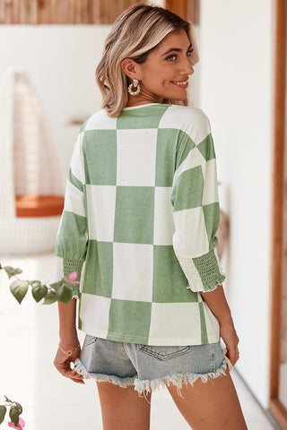 Grass Green Checkered Ruffle Smocked Cuffs Tee - Rebel Chics