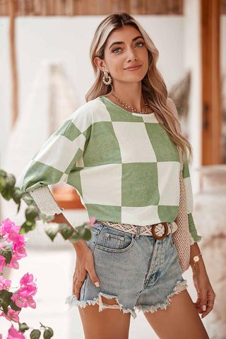 Grass Green Checkered Ruffle Smocked Cuffs Tee - Rebel Chics