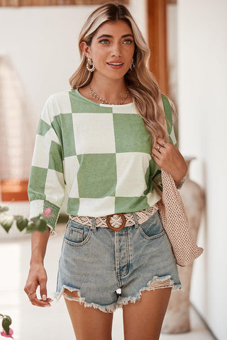 Grass Green Checkered Ruffle Smocked Cuffs Tee - Rebel Chics