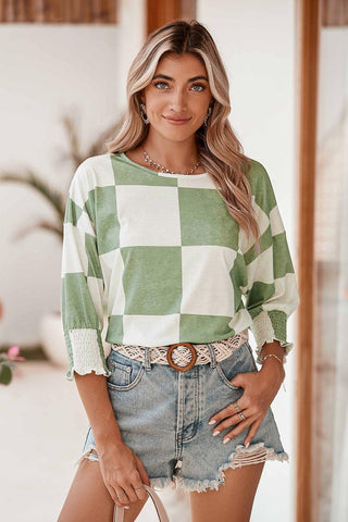 Grass Green Checkered Ruffle Smocked Cuffs Tee - Rebel Chics