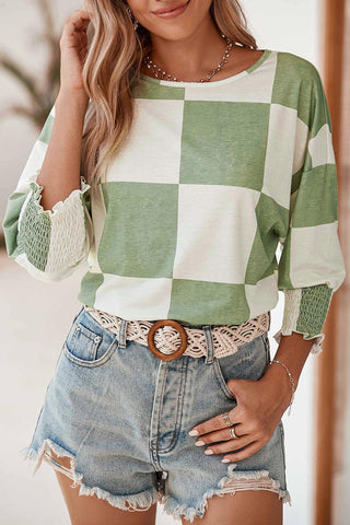 Grass Green Checkered Ruffle Smocked Cuffs Tee - Rebel Chics