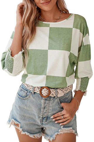 Grass Green Checkered Ruffle Smocked Cuffs Tee - Rebel Chics