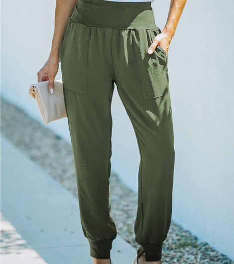 Green Casual Pocketed Elastic Waist Joggers - Rebel Chics