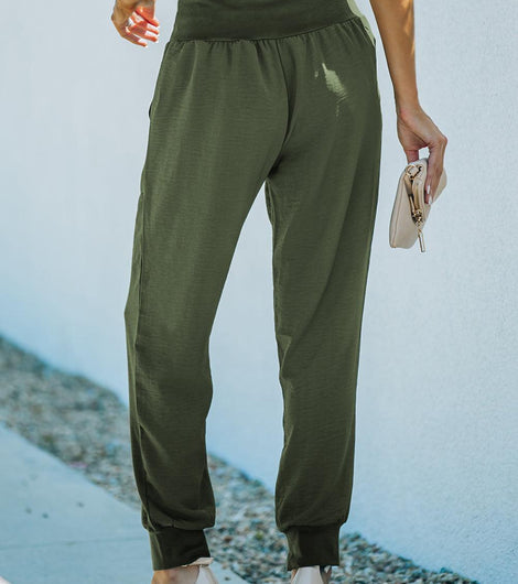 Green Casual Pocketed Elastic Waist Joggers - Rebel Chics