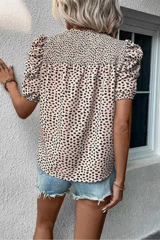 Khaki Leopard Print Smocked Puff Sleeve Blouse - Rebel Chics