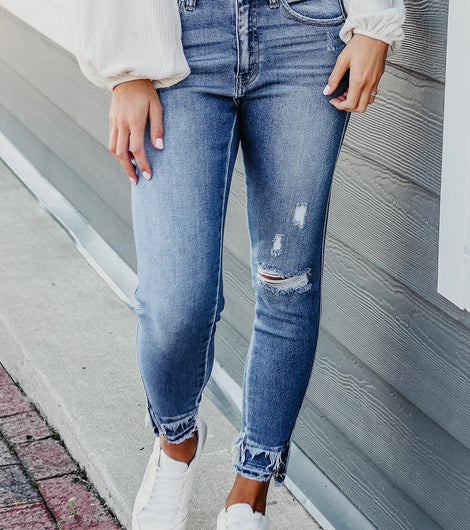 Light Blue Ripped Fringe Crop Skinny Jeans - Rebel Chics