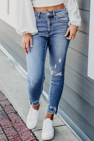 Light Blue Ripped Fringe Crop Skinny Jeans - Rebel Chics