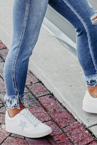 Light Blue Ripped Fringe Crop Skinny Jeans - Rebel Chics