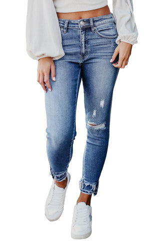 Light Blue Ripped Fringe Crop Skinny Jeans - Rebel Chics