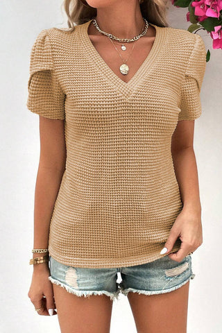 Mist Green Tulip Sleeve Waffle Knit V Neck T-Shirt - Rebel Chics