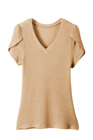 Mist Green Tulip Sleeve Waffle Knit V Neck T-Shirt - Rebel Chics