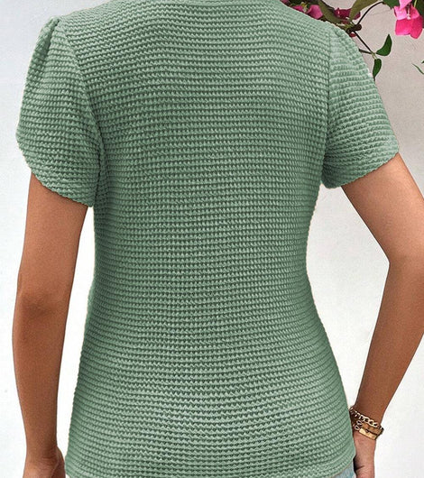 Mist Green Tulip Sleeve Waffle Knit V Neck T-Shirt - Rebel Chics