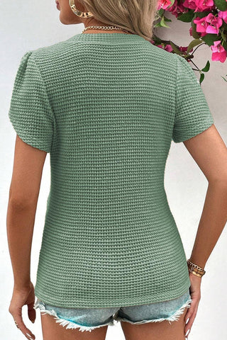 Mist Green Tulip Sleeve Waffle Knit V Neck T-Shirt - Rebel Chics