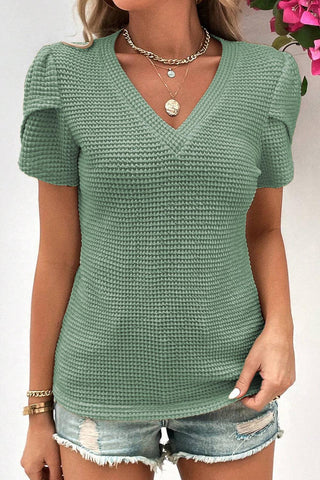 Mist Green Tulip Sleeve Waffle Knit V Neck T-Shirt - Rebel Chics