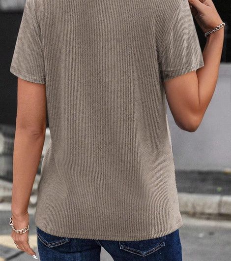 Pale Khaki Button Strappy V Neck Plain Ribbed Tee - Rebel Chics