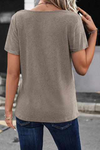 Pale Khaki Button Strappy V Neck Plain Ribbed Tee - Rebel Chics