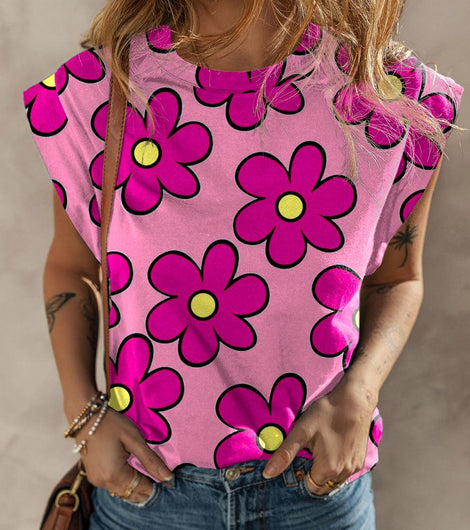 Pink Flower Print Round Neck Cap Sleeve T Shirt - Rebel Chics