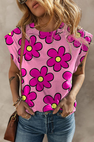 Pink Flower Print Round Neck Cap Sleeve T Shirt - Rebel Chics