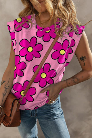 Pink Flower Print Round Neck Cap Sleeve T Shirt - Rebel Chics