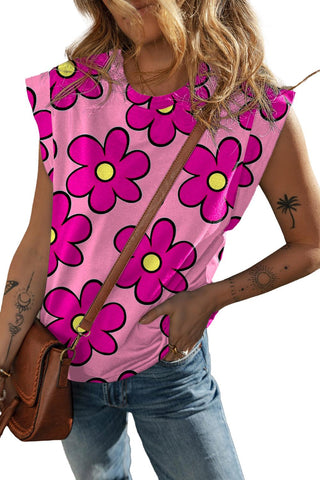 Pink Flower Print Round Neck Cap Sleeve T Shirt - Rebel Chics