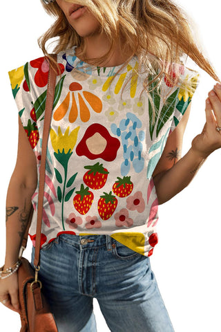 Pink Flower Print Round Neck Cap Sleeve T Shirt - Rebel Chics