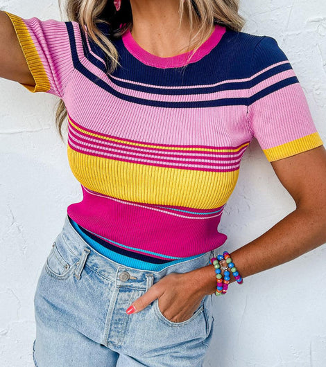 Pink Mixed Striped Ribbed Knit Short Sleeve Shirt - Rebel Chics