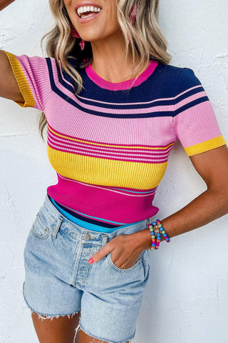 Pink Mixed Striped Ribbed Knit Short Sleeve Shirt - Rebel Chics