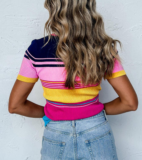 Pink Mixed Striped Ribbed Knit Short Sleeve Shirt - Rebel Chics