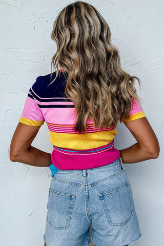 Pink Mixed Striped Ribbed Knit Short Sleeve Shirt - Rebel Chics