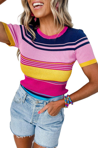 Pink Mixed Striped Ribbed Knit Short Sleeve Shirt - Rebel Chics