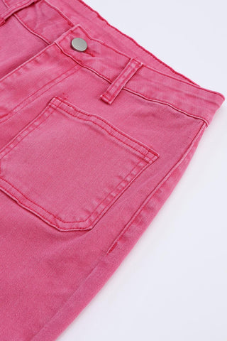 Pink Raw Hem Light Wash Flare Mid Rise Pants - Rebel Chics