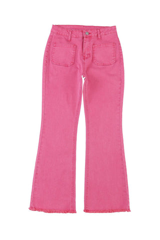 Pink Raw Hem Light Wash Flare Mid Rise Pants - Rebel Chics