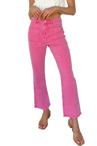 Pink Raw Hem Light Wash Flare Mid Rise Pants - Rebel Chics