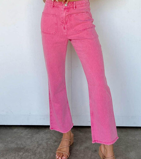 Pink Raw Hem Light Wash Flare Mid Rise Pants - Rebel Chics