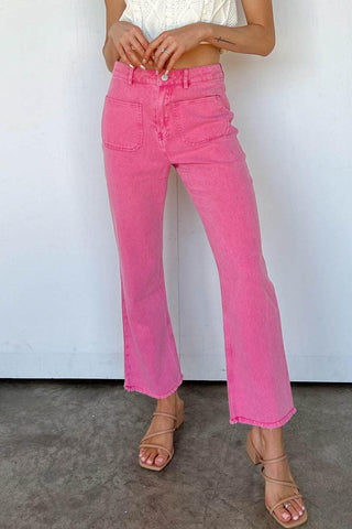 Pink Raw Hem Light Wash Flare Mid Rise Pants - Rebel Chics