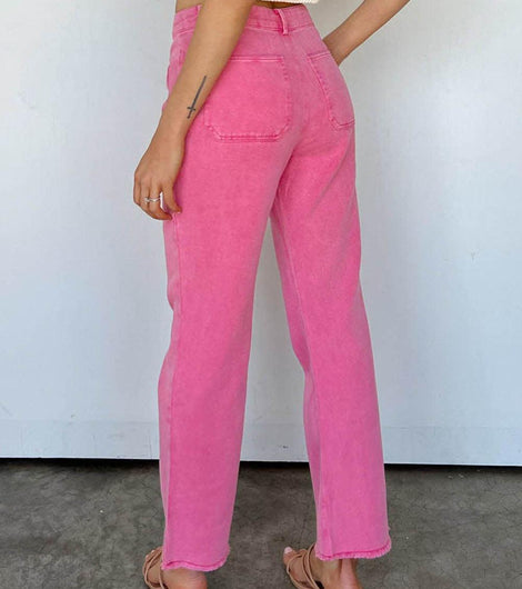 Pink Raw Hem Light Wash Flare Mid Rise Pants - Rebel Chics