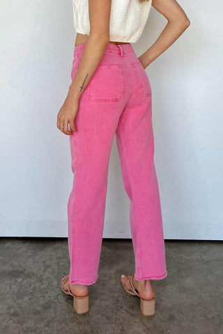 Pink Raw Hem Light Wash Flare Mid Rise Pants - Rebel Chics